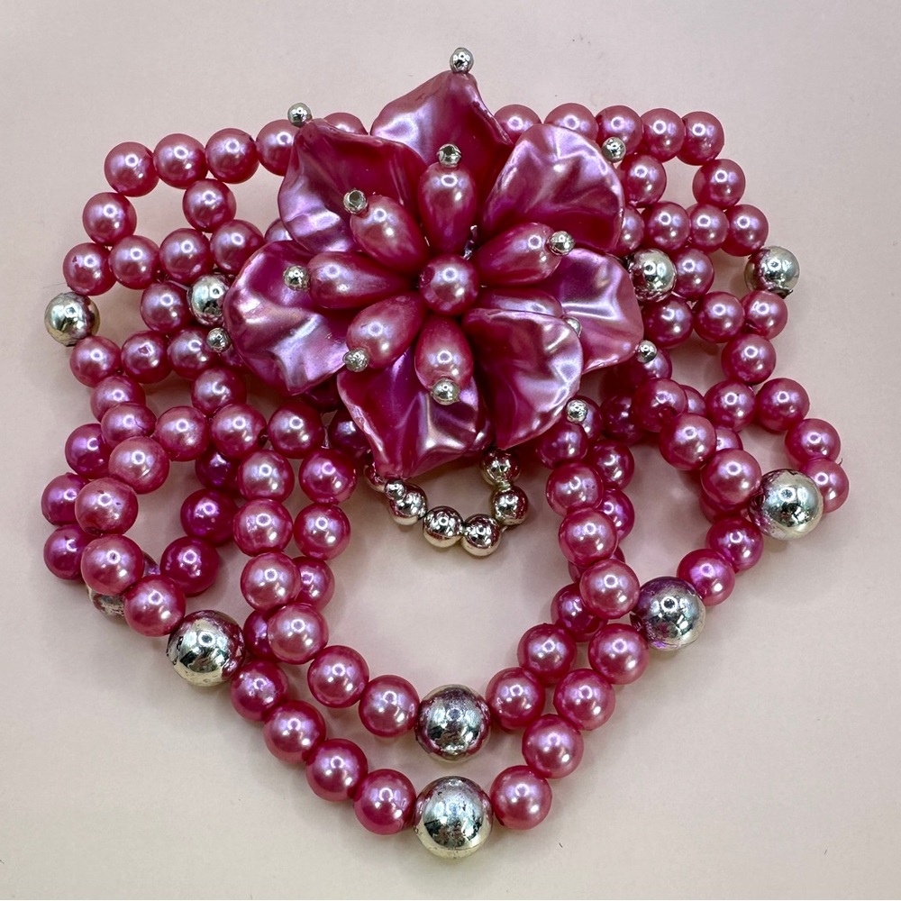 Vtg 80s Hair Clip Beaded Faux Pearl Loop HOT PINK & GOLD Bow Barrette Wedding